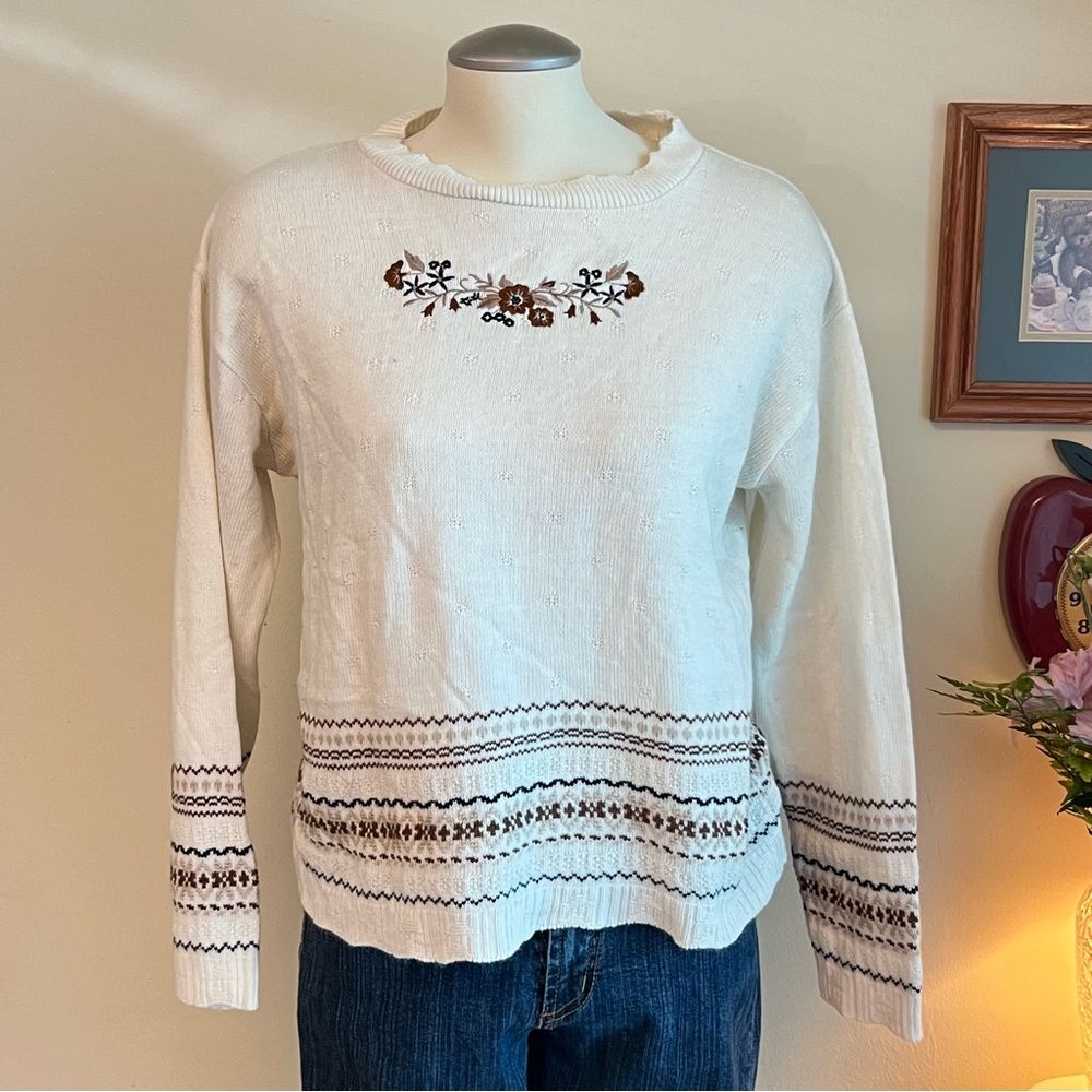 Cream and burgundy embroidered floral sweater Top